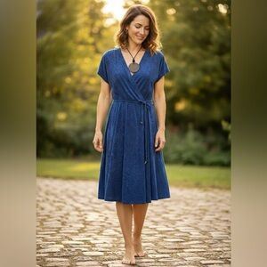 70s Vintage Blue Terry Tie Waist Dress Midi